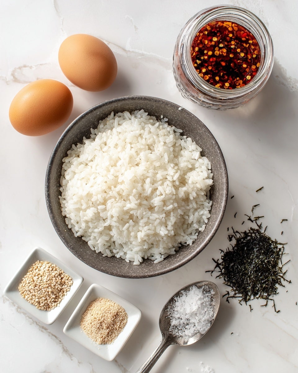 A dark bowl filled with a single layer of white cooked rice sits on a white marbled surface. Near it, there are two whole brown eggs, resting side by side. A small white square dish contains three neatly arranged piles of small dry ingredients, including light tan sesame seeds, black sesame seeds, and white coarse salt. A metal spoon holds a layer of dark green and tan dried seaweed flakes, positioned diagonally on the right side. Above, an open glass jar shows a red chili oil sauce with visible chili flakes inside. The photo taken with an iphone --ar 4:5 --v 7