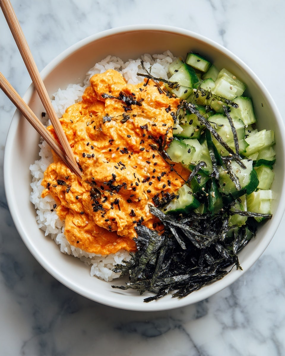 A white bowl holds a base layer of white rice with a soft texture, topped with a creamy orange mixture that looks slightly chunky and moist. On one side, small bright green cucumber cubes are sprinkled with black sesame seeds. Thin, dark strips of seaweed are scattered around the orange mixture and the rice. A pair of light brown chopsticks is picking up some of the orange mixture with rice. The bowl is placed on a white marbled surface. photo taken with an iphone --ar 4:5 --v 7