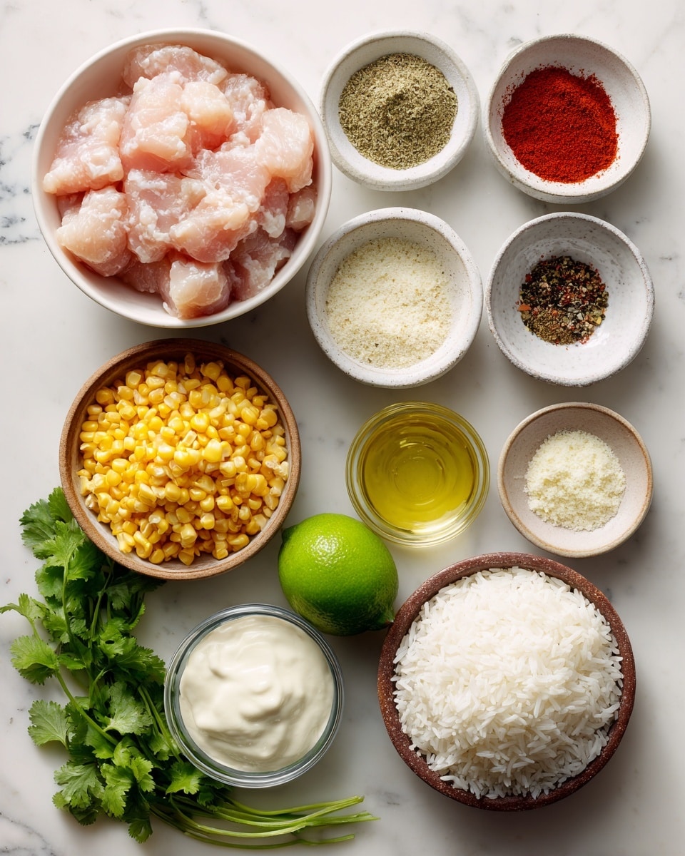The image shows several ingredients arranged neatly on a white marbled surface. At the top left, there is a white bowl filled with chunks of raw light pink chicken meat. To the right, five small white dishes hold different spices: bright red smoked paprika, light beige garlic powder, dark red chili powder, and dry oregano with brown and green flecks. Below these spices, there is a small brown dish with a mix of salt and black pepper. Moving clockwise, a light brown bowl is filled with bright yellow sweet corn. Near the bottom, a small clear glass bowl holds pale creamy mayo. Beside it, a similar bowl contains white sour cream. Next to the sour cream, a white bowl is filled with uncooked white jasmine rice. A small pile of fresh green cilantro sits nearby with stalks visible. There is one bright green lime almost at the center, and a tiny glass container holds golden olive oil. Lastly, a small dark brown bowl contains white cotija cheese, finely grated. The image is bright and clean, and there is no visible woman's hand in the scene photo taken with an iphone --ar 4:5 --v 7