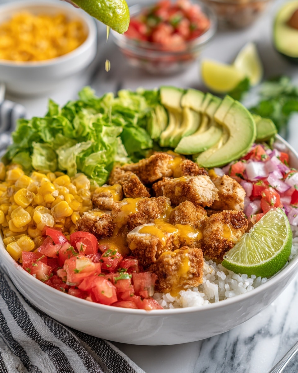 A white bowl filled with multiple layers starting with white rice as the bottom layer, topped with chopped green lettuce on the right side, bright red and pink diced tomatoes and onions on the left, a layer of yellow corn with a creamy orange sauce in the middle, and crispy cooked golden-brown chicken pieces placed behind the corn. Next to the chicken, there are three slices of pale green avocado. A lime wedge sits on the edge of the bowl near the lettuce, while a woman's hand is squeezing half a lime above the bowl, with lime juice dripping down. In the background, there are blurred bowls of corn, tomato salsa, and a white marbled surface underneath the bowl with a striped cloth to the left. Photo taken with an iphone --ar 4:5 --v 7