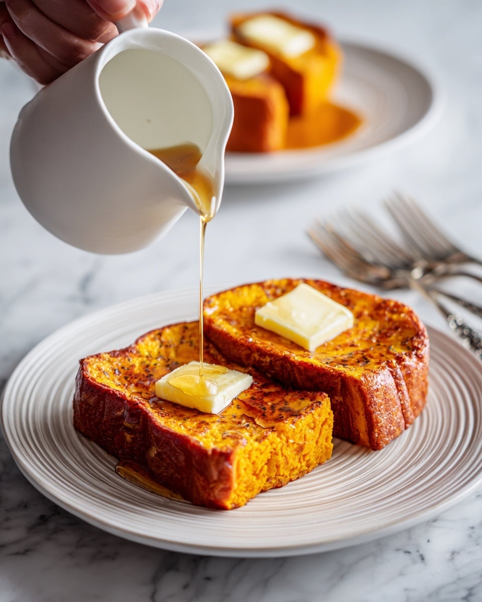 A stack of five thick slices of golden-brown French toast is placed on a white plate on a white marbled surface. On top of the stack, there are two small rectangular pats of pale yellow butter. Dark amber syrup is being poured from a small white pitcher held by a woman's hand, pouring down the sides and front of the French toast, glistening as it flows. In the softly blurred background, there are two white bottles and a small orange pumpkin-shaped decoration. A fork rests on the plate near the stack. photo taken with an iphone --ar 4:5 --v 7