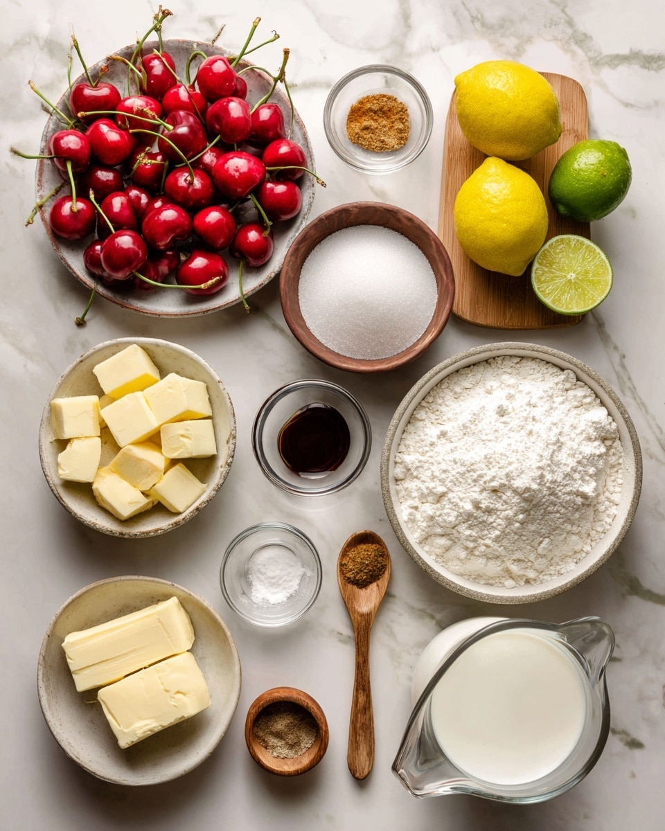 The image shows a clean layout of ingredients for cherry cobbler on a white marbled surface. There are fresh, red cherries with green stems at the top left, a small brown bowl filled with white sugar in the middle, and fresh yellow lemon halves along with whole limes on a small wooden board at the top right. Below, a small transparent bowl with dark vanilla extract is on the left, whole and grated brown nutmeg in the center, and a small brown bowl of white salt on the right. Lower down, there are yellow cubes of butter on the left, a clear glass bowl heaped with white all-purpose flour in the center, and a wooden spoon holding white baking powder on the right. Near the bottom, there’s a small brown bowl with white baking soda on the left, a clear white pitcher full of milk in the center, and a clear glass bowl of thick white buttermilk on the right, all evenly spaced and clearly visible. photo taken with an iphone --ar 4:5 --v 7