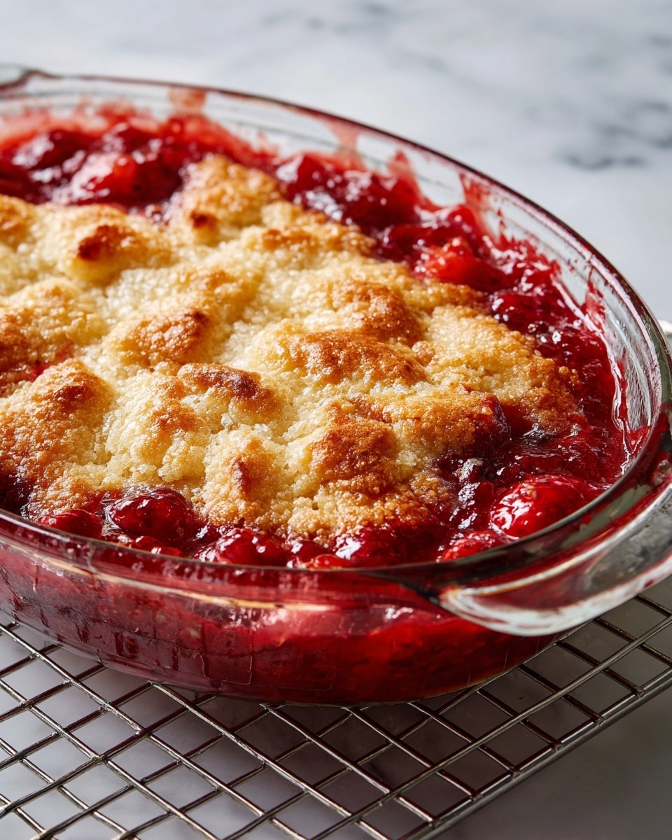 A close-up view of a baked berry dessert in a clear glass oval dish with handles, showing two main layers: a golden brown, slightly crispy top with uneven texture, lightly browned at the edges, and underneath a deep red, juicy berry filling that bubbles up at the side. The dish is placed on a wire cooling rack over a white marbled surface. Photo taken with an iphone --ar 4:5 --v 7