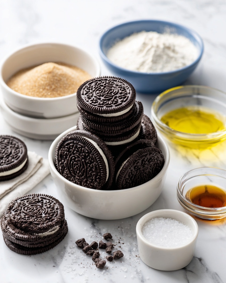 The image shows eight whole dark chocolate Oreos with detailed patterns stacked loosely inside a white bowl on a white marbled surface. To the left of this bowl, there are two smaller white bowls stacked vertically: the top one is filled with light brown sugar with a grainy texture, and the bottom one contains crushed Oreo pieces showing a mix of dark cookie bits and white filling. Below these are a blue bowl with white flour and a clear glass cup with white milk. On the right side of the blue bowl, there is a clear glass cup with light yellow oil, and to its right is a small white bowl with a little brown vanilla extract. At the bottom right corner, a white bowl with white baking powder and salt is partly visible. Each ingredient is neatly arranged with simple labels in black text on white tags near them. The background is clean with a white marbled texture, photo taken with an iphone --ar 4:5 --v 7