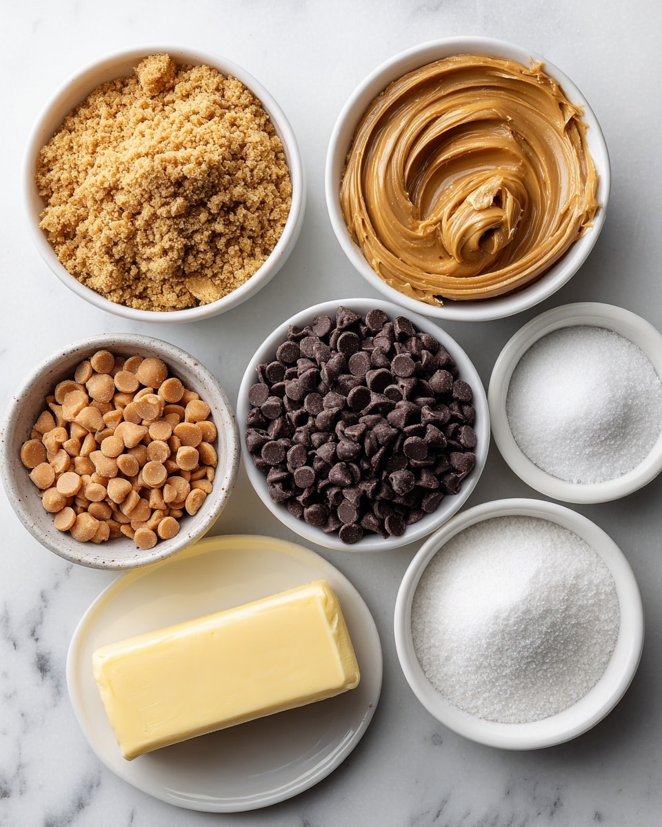 Five small white bowls on a white marbled surface hold different ingredients. The top left bowl contains light brown crushed graham cracker crumbs, with a fine grainy texture. To the right, a bowl holds smooth, creamy peanut butter with a swirled surface. Below the crumbs, a bowl is filled with small, dark semisweet chocolate chips that have a shiny and firm look. Next to it on the right, a bowl contains white powdered sugar that looks soft and powdery. At the bottom center, there is a bowl with a pile of light brown shiny butterscotch chips, rounded in shape, and next to it a white plate holds a stick of pale yellow butter with a smooth surface. Photo taken with an iphone --ar 4:5 --v 7