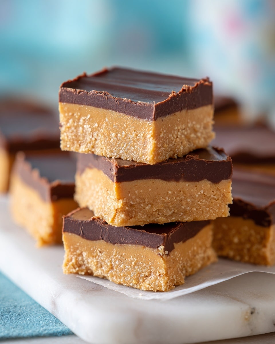The image shows several square bars with two layers: a thick, light brown bottom layer with a crumbly texture, and a smooth, dark brown top layer that looks like chocolate. The bars are placed on white parchment paper with a few scattered light brown pieces around. To the right, there is a small white bowl filled with light brown round candies. In the front, a spoon holds a dollop of creamy light brown spread. The whole scene sits on a white marbled surface. photo taken with an iphone --ar 4:5 --v 7