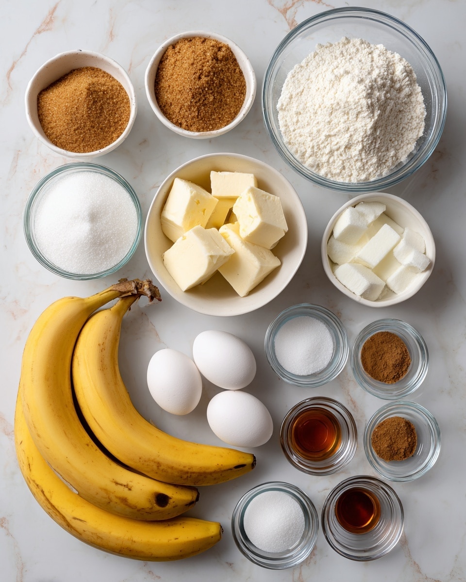 The image shows a white marbled surface with several bowls and ingredients arranged neatly. There are two white bowls in the top left filled with brown sugar and white sugar, a clear glass bowl on the right filled with white flour, and a white bowl with granulated sugar slightly above center. Below the sugar bowls on the left are two clear glass bowls, one with milk and the other with cubes of butter. Three yellow bananas with some brown spots lie below the sugar bowls near the center. Two white eggs are placed near the bottom center next to a bowl of granulated sugar. At the bottom right, there are four small clear bowls containing cinnamon, baking soda, salt, and vanilla extract arranged vertically. The photo is taken with an iphone --ar 4:5 --v 7