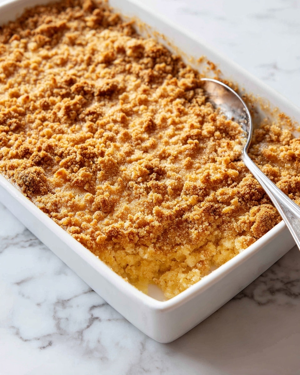 The image shows a close-up of a baked dessert in a white rectangular dish. The dessert has one main layer with a thick crumbly topping that is light golden brown with darker golden spots, giving it a rough and textured look. There are small pockets and ridges throughout the top, showing a crunchy, uneven surface. The dish is resting on a white marbled surface, and a metal spoon is placed partially under the dessert at the side, ready to serve. photo taken with an iphone --ar 4:5 --v 7