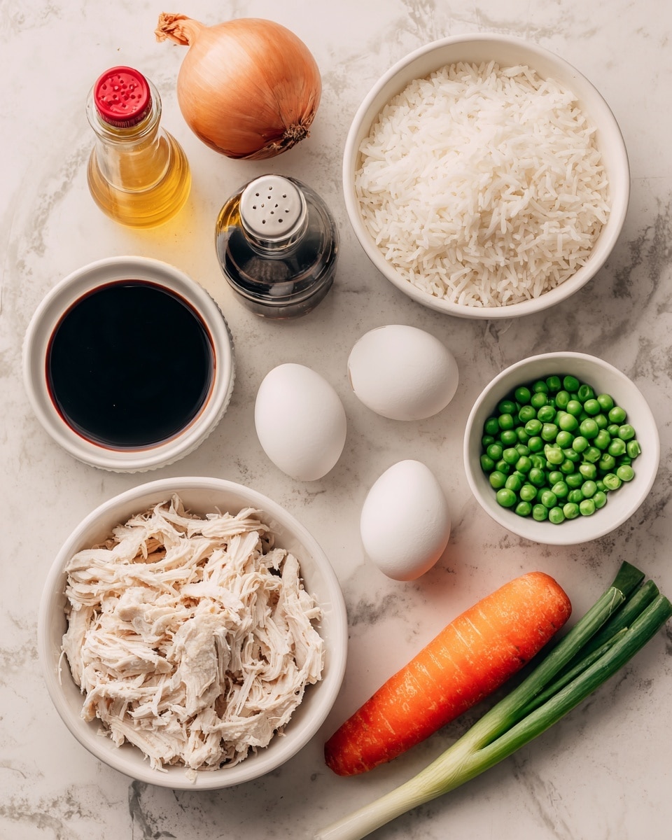 A white bowl filled with white cooked rice sits on the right side of the image, next to a whole orange carrot horizontally placed underneath its handle; a white round bowl at the bottom left filled with light beige shredded chicken, beside a pair of white eggs, a dark bottle of soy sauce with a red lid, and a small dark bottle of sesame oil with a yellow lid standing upright; a small white round bowl full of green peas near the carrot; a whole brown onion and two green onions are laid on a white marbled surface background. photo taken with an iphone --ar 4:5 --v 7