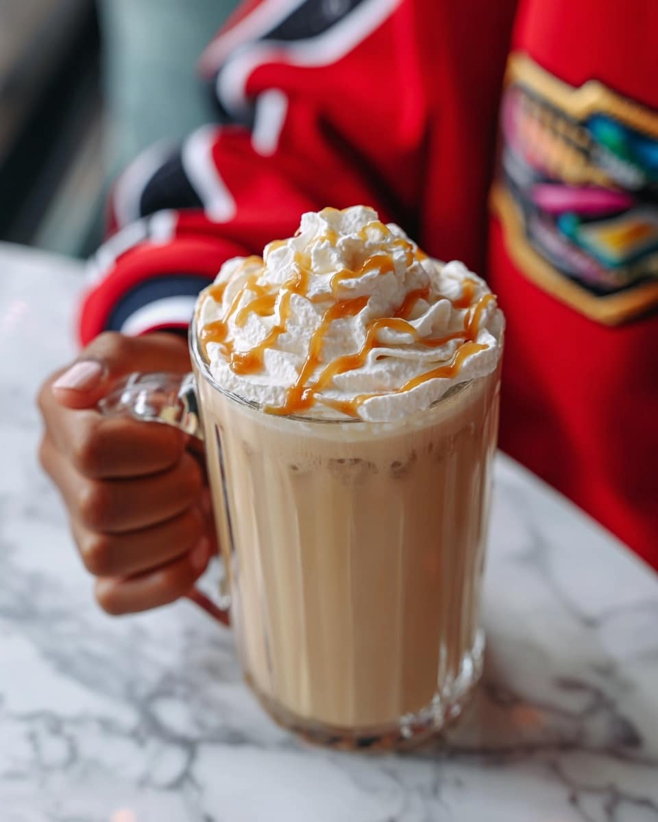 A tall clear glass mug filled with a light beige creamy drink with ice visible inside, topped with a large swirl of white whipped cream drizzled with light caramel sauce, held by a woman's hand gripping the handle, with a blurred background showing part of a red and black outfit with a colorful emblem, all set against a white marbled texture photo taken with an iphone --ar 4:5 --v 7