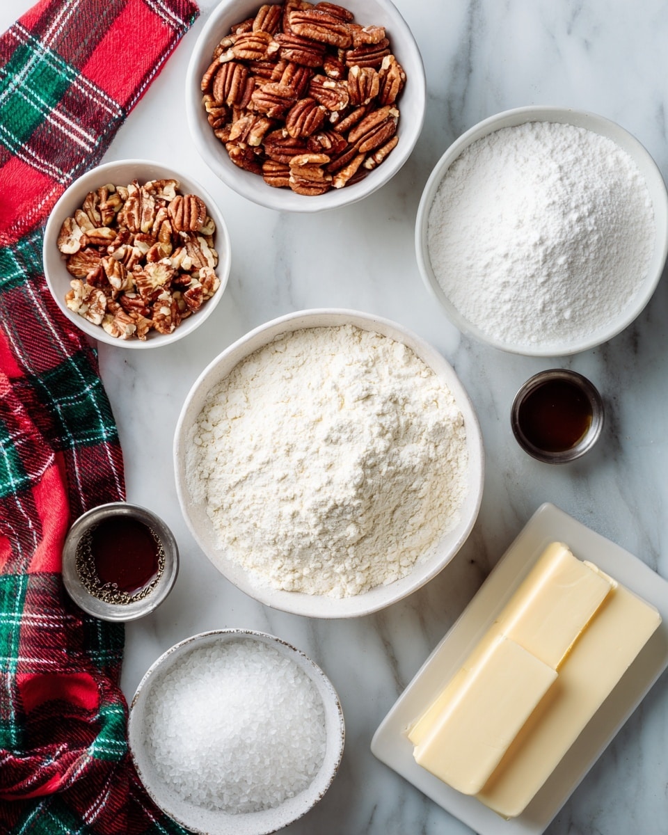 A top view of several ingredients on a white marbled surface, including a large white bowl filled with white flour at the bottom center, a smaller white bowl with chopped pecans to the left of it, and another white bowl with powdered sugar above the flour. To the right of the powdered sugar, there are two sticks of unsalted butter with yellow wrappers and red text. Below the bowls, there are three metal containers: one with salt, one with a dark liquid, and one with more powdered sugar. A red, green, and white plaid cloth is placed toward the bottom left corner. photo taken with an iphone --ar 4:5 --v 7