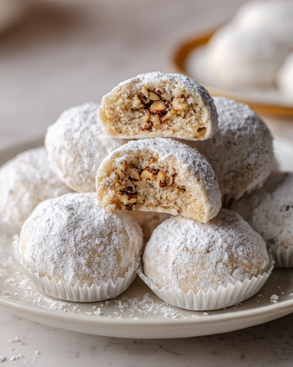The image shows several round cookies covered in white powdered sugar, each placed inside white crinkled paper cups. The cookies have a slightly rough texture and light beige color underneath the sugar coating. One cookie in the front is broken in half, revealing a dense inside with small brown nut pieces scattered throughout. All the cookies rest on a white plate with a delicate embossed edge pattern, and the surface underneath is a white marbled texture. photo taken with an iphone --ar 4:5 --v 7