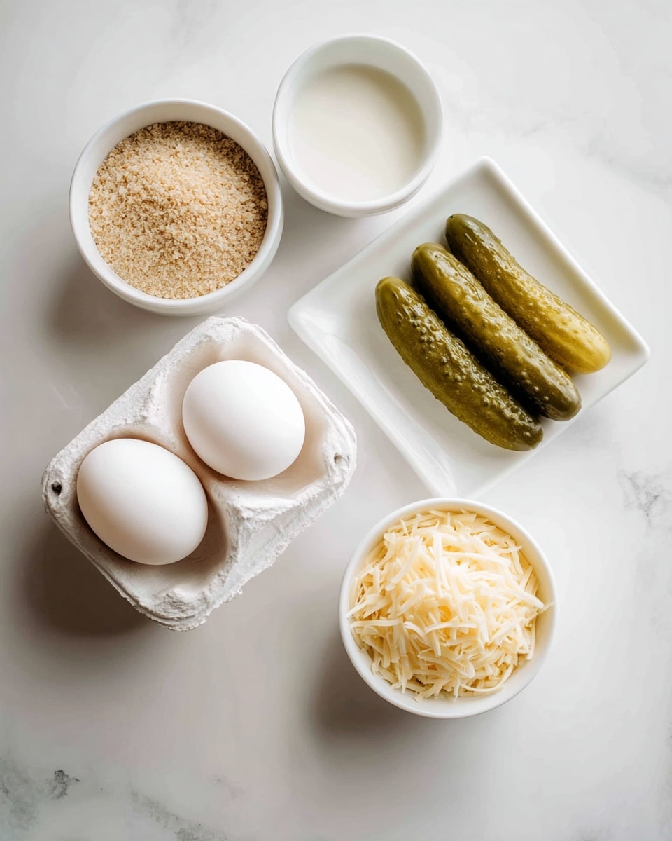 A white carton holds two whole white eggs on a white marbled surface. To the right, there is a small white square plate with four long, green pickle slices placed side by side. Above the pickles, there is a small round white bowl filled with light brown breadcrumbs. Next to that, another small white bowl contains a white liquid, likely milk. Below the milk, another small round white bowl is filled with light yellow shredded cheese. The objects are all neatly arranged on the white marbled surface. Photo taken with an iphone --ar 4:5 --v 7