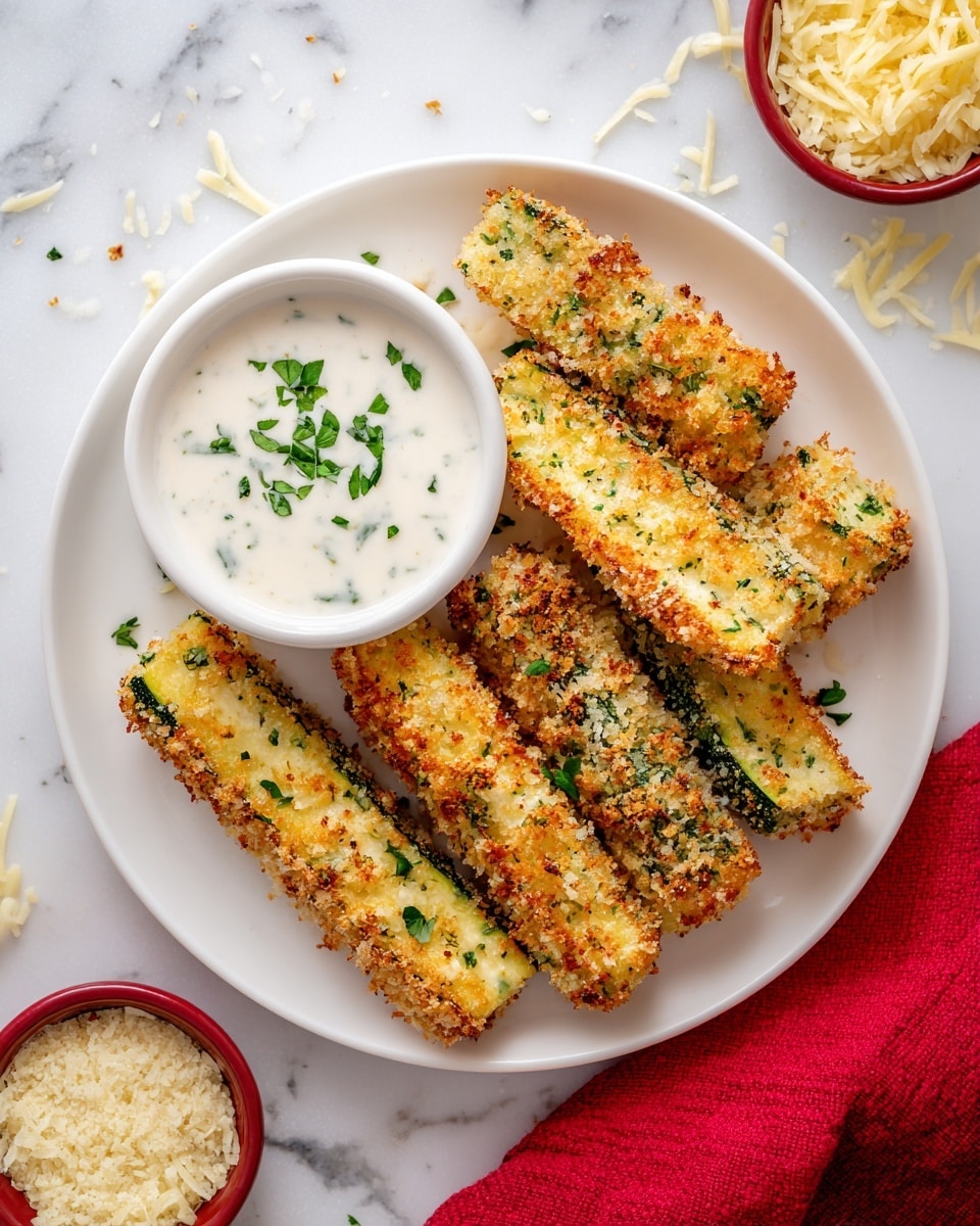 On a white plate sitting on a white marbled surface, there are seven pieces of golden-brown zucchini sticks covered in a crunchy breadcrumb coating sprinkled with small green herb bits. Next to the zucchini sticks, a white bowl filled with creamy white dipping sauce topped with small green herb sprigs sits in the upper middle of the plate. Around the plate, there are small bowls with shredded cheese and ground crumbs, and a bright red cloth peeks in from the right corner. The overall look is clean, fresh, and inviting. Photo taken with an iphone --ar 4:5 --v 7