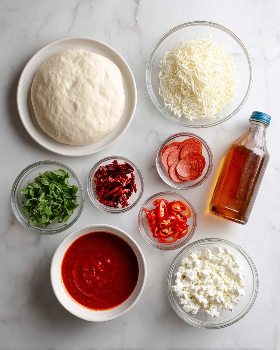 A collection of pizza ingredients arranged on a white marbled surface: at the top left is a round white plate holding smooth, pale pizza dough; to its right, a clear glass bowl filled with shredded white mozzarella cheese; below the dough is a small clear bowl with bright red dried arbol chiles; near it is a tall plastic bottle of amber-colored honey with a dark blue cap; below is a round white bowl with vibrant red uncooked pizza sauce; to the right is a small clear bowl with thin, round slices of red pepperoni; next to it, a small clear bowl with sliced red fresno peppers; below are two small clear bowls, one filled with white goat cheese crumbles and the other with finely grated white pecorino romano cheese; at the bottom left, a small clear bowl contains chopped fresh green basil leaves. All items are neatly spaced for clear visibility, photo taken with an iphone --ar 4:5 --v 7