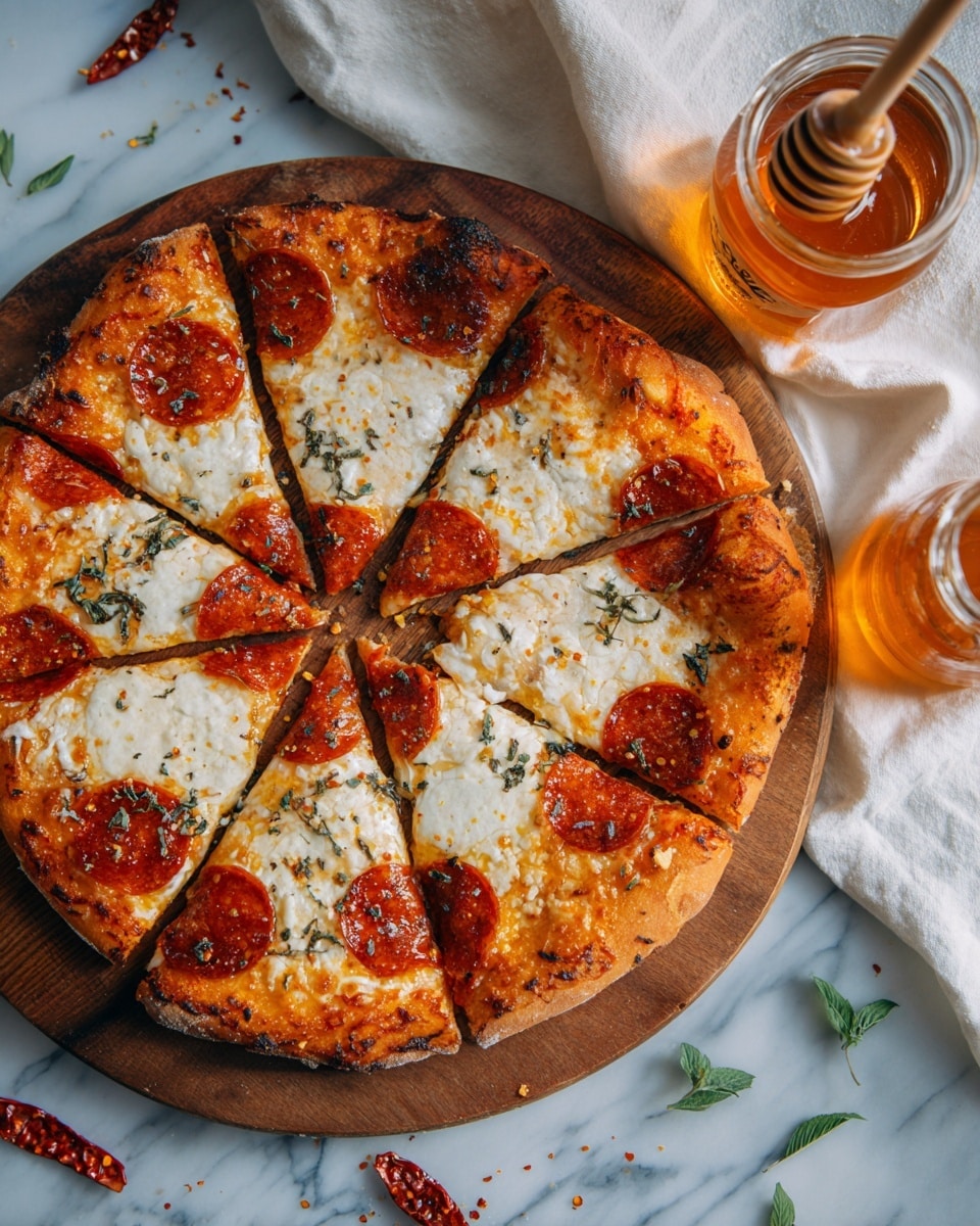 A round pizza with eight slices sits on a wooden board. The pizza has a golden-brown crust with some darker toasted spots around the edges. The first layer is a light reddish-orange sauce spread evenly over the dough. On top, there are melted cheese patches that are creamy white in color and spread unevenly. Bright red pepperoni slices with shiny surfaces are placed over the cheese. Scattered green basil pieces add texture and color contrast throughout the pizza. Around the wooden board, dried red chili peppers are spread on a white marbled surface. A glass jar with amber honey and a honey dipper sticking out of it sit near the top. Next to the jar is a bottle of orange honey mix set on a white cloth. The whole scene is lit softly, emphasizing warm colors. Photo taken with an iphone --ar 4:5 --v 7