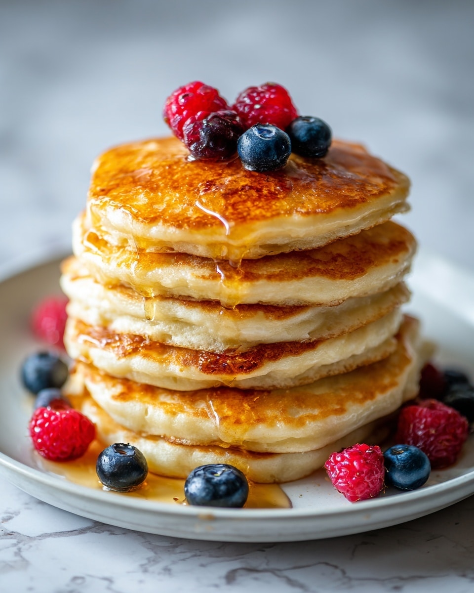 A stack of five thick, golden-brown pancakes sits in the center of a white plate, each pancake fluffy with a slightly crispy edge. The pancakes are shiny with syrup dripping down the sides, making them look moist and rich. Around the stack, there are fresh blueberries and raspberries adding pops of dark blue and bright red colors. The plate rests on a white marbled surface, and the background is softly blurred, emphasizing the pancakes. photo taken with an iphone --ar 4:5 --v 7
