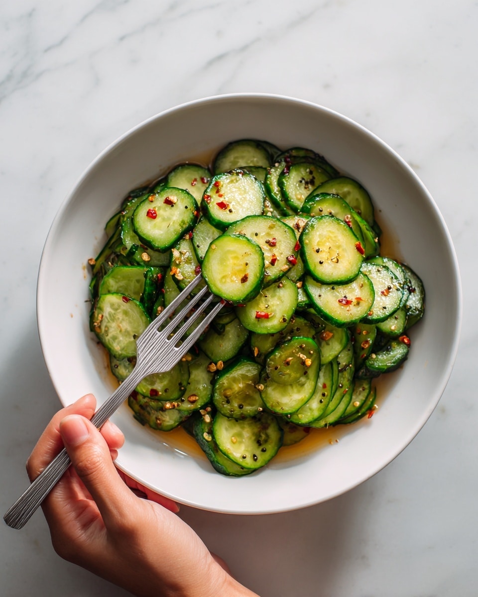 A bowl filled with many thin cucumber slices soaked in a clear liquid, mixed with bits of red chili and small black seeds, likely mustard seeds. The bowl is white and held by a woman's hand, and there is a fork picking up some cucumber slices above the bowl. The surface beneath the bowl is a white marbled texture. photo taken with an iphone --ar 4:5 --v 7