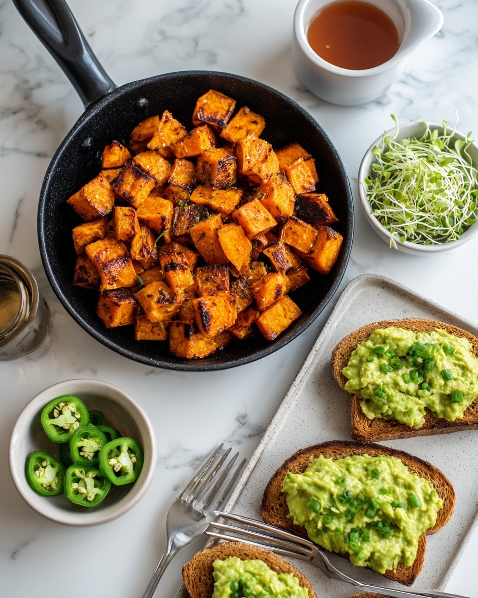A black pan with orange roasted sweet potato cubes that have some dark brown spots from roasting, sitting on a white marbled surface. Next to it, four slices of brown toast on a white marbled surface, each topped with green smashed avocado spread in a slightly uneven texture. Nearby are a small bowl of sliced green jalapenos, a small bowl of green sprouts, and a cup of reddish sauce, all placed on the same white marbled surface. A woman's hand is holding a fork near the toast. Photo taken with an iphone --ar 4:5 --v 7