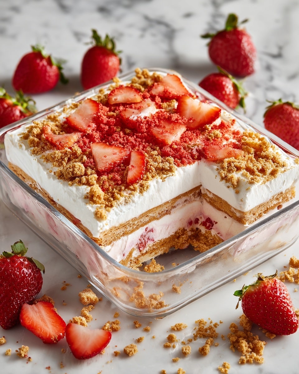 A clear glass dish shows a layered dessert with a bottom layer of pink strawberry cream mixed with small strawberry pieces, above which is a light tan layer of wafer cookies, topped with a thick white cream layer, and finished with a crunchy crumb topping of broken tan cookies and crushed bright red freeze-dried strawberries evenly spread on top; a piece is missing from one corner, revealing the layers clearly, and the dish is set on a white marbled surface with whole and sliced fresh strawberries around it, photo taken with an iphone --ar 4:5 --v 7