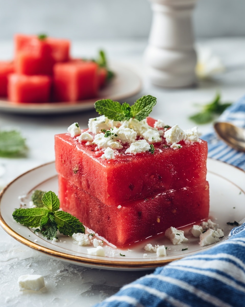 Two thick, square layers of deep red watermelon sit stacked on a white plate with a gold rim. The top watermelon layer has a few small chunks removed from the center, showing the juicy texture. On top of the watermelon, there are several crumbled white cheese pieces and a small bunch of fresh green mint leaves. The background has a white marbled texture with a blurred second plate showing more watermelon pieces, a white pepper grinder, and some green mint sprigs. A blue and white striped cloth is loosely placed on the right side. Photo taken with an iphone --ar 4:5 --v 7