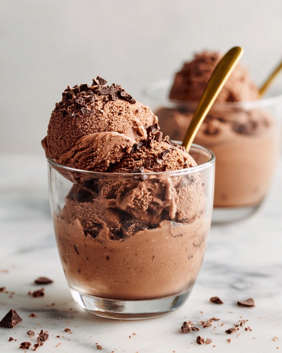 A clear glass cup filled with two thick scoops of smooth chocolate ice cream, with darker chocolate bits sprinkled on top and mixed inside. A golden spoon is partially placed inside the ice cream on the right side. Behind the cup, there is a blurred second glass cup with the same chocolate ice cream and a golden spoon. Both cups rest on a white marbled surface, with small crumbs scattered around. The background is soft and white, keeping the focus on the ice cream. photo taken with an iphone --ar 4:5 --v 7