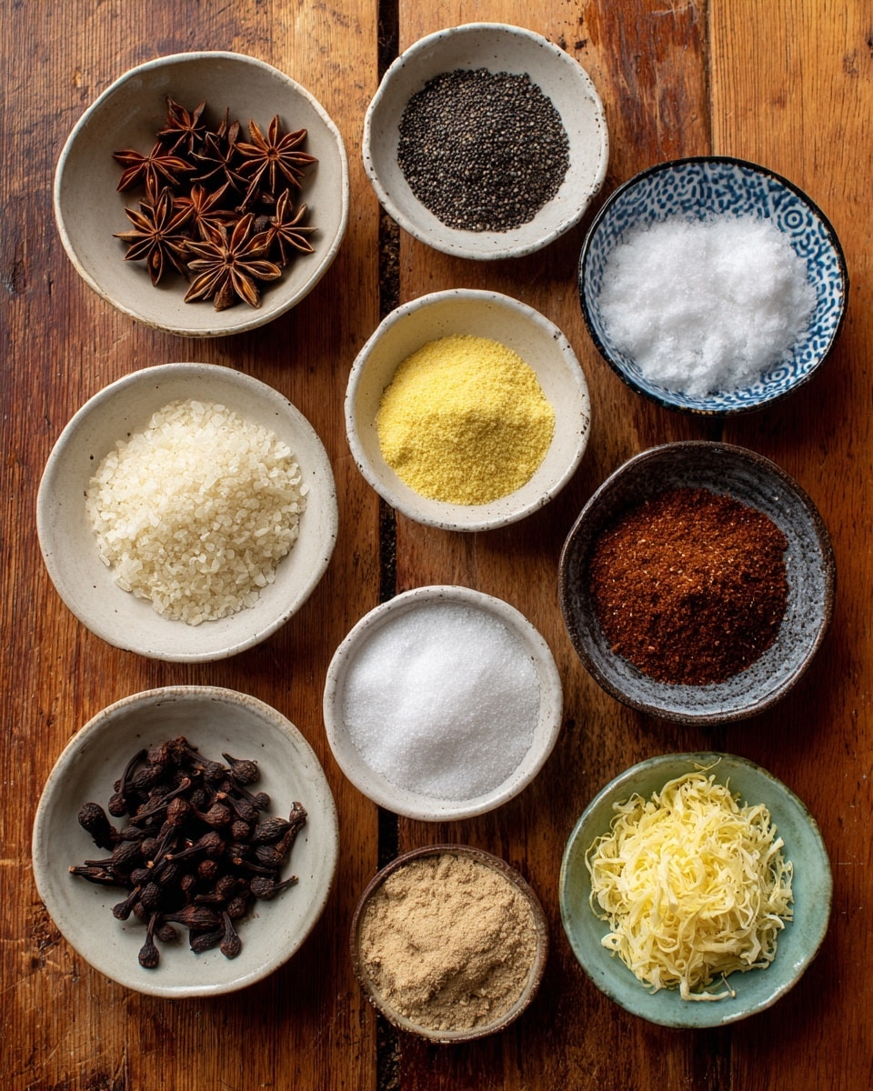 The image shows ten small white bowls arranged on a warm wooden surface, each bowl holding a different spice or ingredient. Starting from the top left, dark brown star anise pods rest in a bowl, next to ground black pepper with a coarse black and grey texture in another bowl. Below the black pepper is MSG, white crystalline grains in a bowl. Moving leftwards, a light yellow powder labeled cumin sits in a bowl, adjacent to coarse white kosher salt in a round bowl with a smooth texture. Below the salt are two dark brown red cardamom pods in a bowl. In the center is a bowl of light tan mushroom powder with a fine texture. To the right, dark reddish-brown Sichuan pepper powder fills a bowl with a rough texture. Next to it, fine white sugar grains fill a bowl with a blue rim. Lastly, finely shredded pale yellow ginger is placed in a bowl to the bottom right. The overall setup is neat and orderly, with clear labels above each bowl. photo taken with an iphone --ar 4:5 --v 7