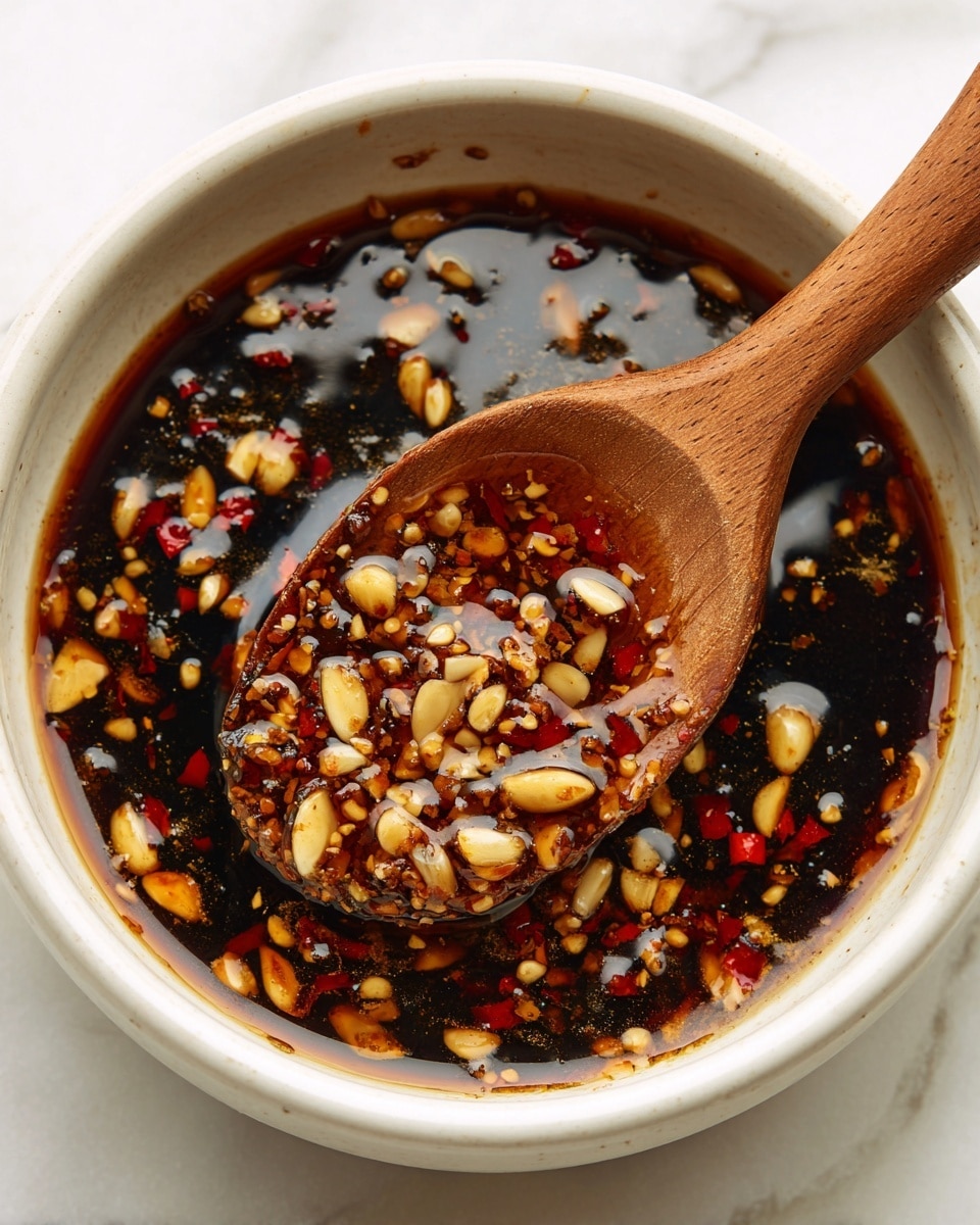 A close-up of a white bowl filled with a dark brown, oily mixture that has many sliced garlic pieces and red chili flakes floating in it. The mixture looks wet and slightly shiny with some bubbles, and the garlic slices are light brown to golden in color with varying sizes. A wooden spoon is partially resting inside the bowl, covered with the same spicy mixture, showing a rough texture. The background is a white marbled surface with soft lighting highlighting the textures in the bowl. photo taken with an iphone --ar 4:5 --v 7