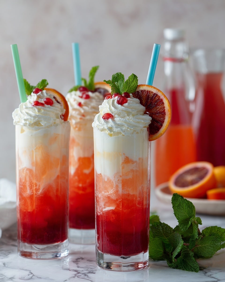 The image shows three tall clear glasses filled with layered drinks on a white marbled surface. Each glass has two main layers: a bright red layer at the bottom and a lighter creamy layer on top. Each drink is topped with a thick white swirl of whipped cream, garnished with small red berries and fresh green mint leaves. One glass has a slice of blood orange resting on the rim. Colorful straws in blue, green, and yellow stick out of each drink. Behind the glasses, there are red bottles filled with liquid and a glass pitcher with a similar orange-red drink. A sprig of fresh green mint is placed in front of the glasses. photo taken with an iphone --ar 4:5 --v 7