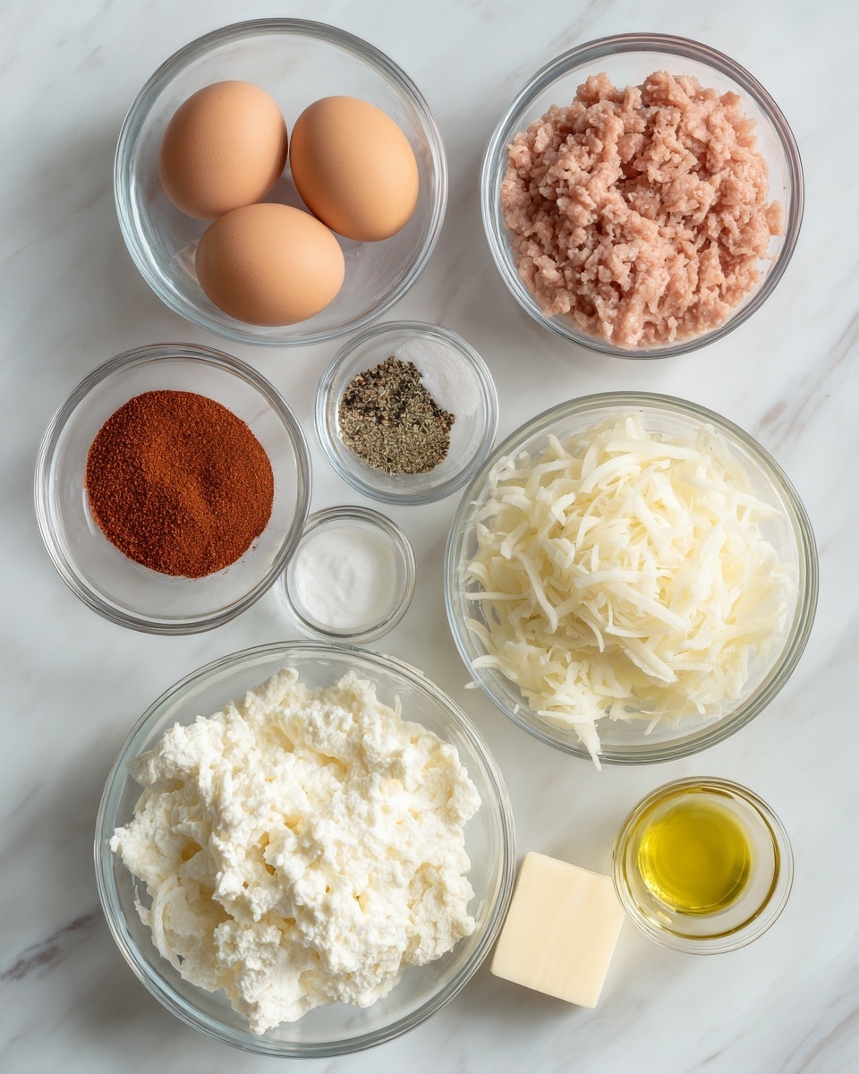 The image shows seven clear glass bowls arranged on a white marbled surface, each filled with different ingredients. Starting from the top left, there is a bowl with three brown eggs, next to it on the right is a bowl containing pink ground turkey with a soft texture. Below the turkey is a small bowl filled with a reddish-brown taco seasoning powder with a fine texture. In the center is a bowl with white shredded potatoes that have a slightly wet appearance. To the left of the potatoes is a small bowl of white salt and black pepper mixed together. Below the pepper and salt is a bowl filled with white, lumpy cottage cheese. Finally, below the taco seasoning are two small bowls with golden olive oil and pale yellow butter, the butter having a smooth, solid texture. photo taken with an iphone --ar 4:5 --v 7