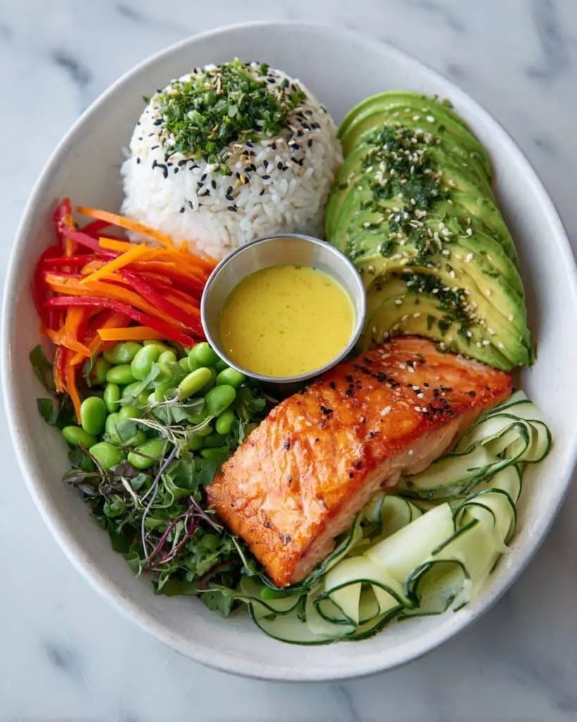 Salmon Rice Bowl with Edamame, Avocado, and Citrus Miso Dressing Recipe