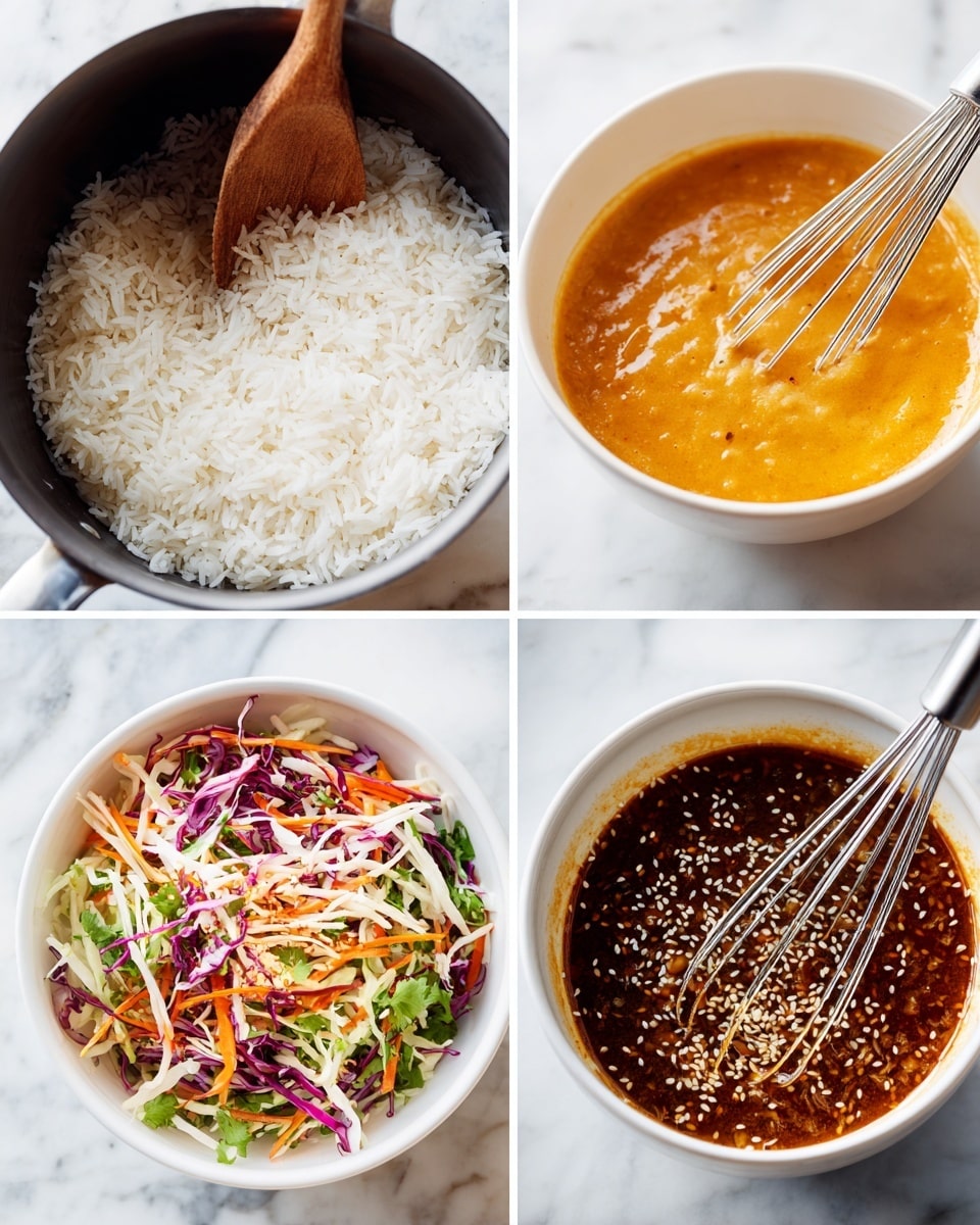 The image shows four pictures arranged in a grid, each depicting a different step or ingredient for a recipe. The top left shows a close-up of cooked white rice in a black pot with a wooden spoon stirring it. The top right shows a white bowl with an orange creamy sauce being whisked by a metal whisk. The bottom left shows a white bowl filled with a colorful salad made of shredded purple cabbage, orange carrot strips, and green herbs, with a metal spoon resting inside. The bottom right shows a white bowl with a dark brown sauce containing sesame seeds and small bits, being whisked by a metal whisk. The background in all images is a white marbled surface. photo taken with an iphone --ar 4:5 --v 7