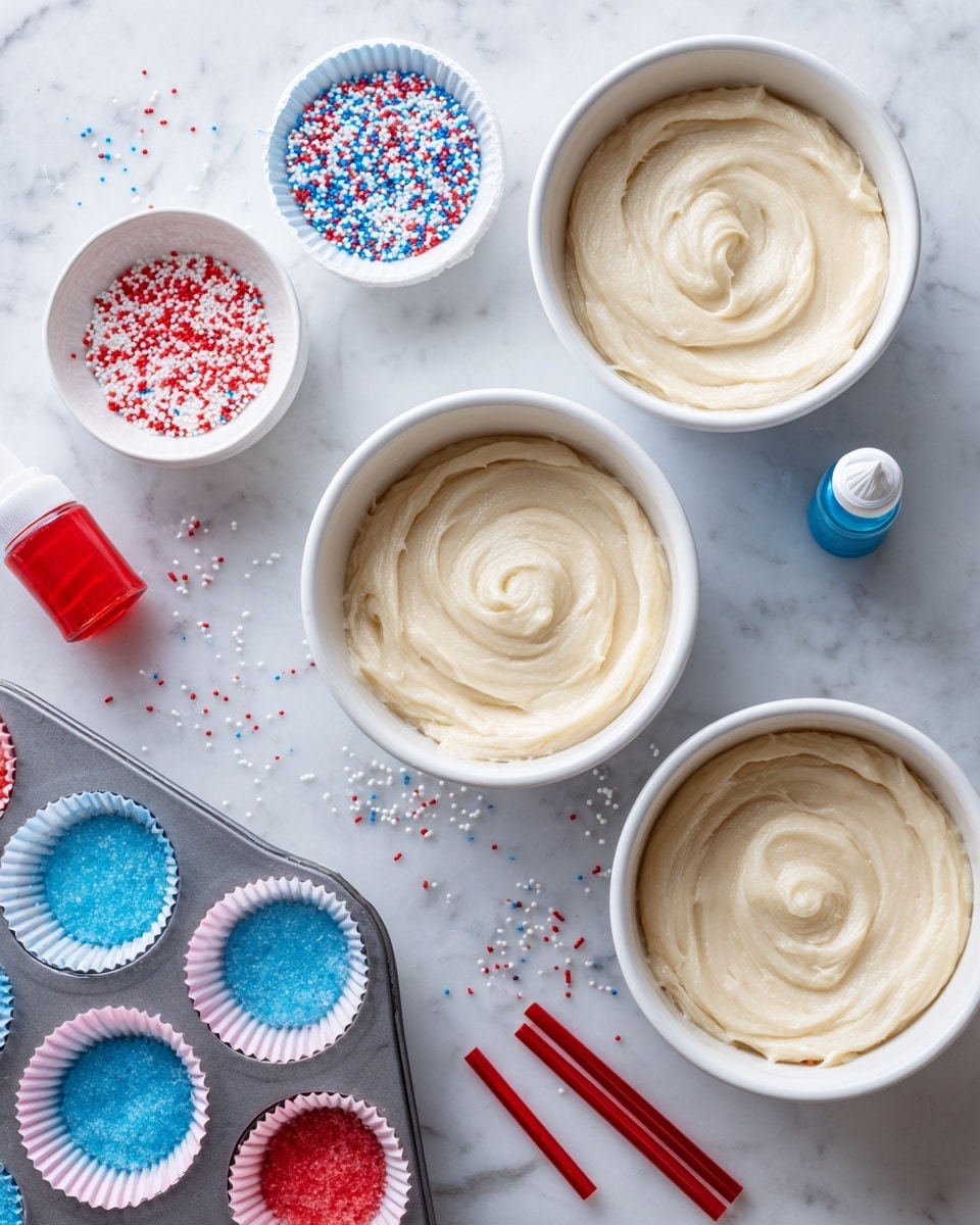 The image shows three white bowls filled with smooth, creamy, light beige cake batter placed on a white marbled surface. Near the bowls, there are two small bottles of food coloring, one red and one blue. To the left, a small white bowl contains red, white, and blue sprinkles, some scattered on the surface nearby. There are also three red candy sticks and part of a muffin tray at the bottom left, holding pink, white, and blue paper cupcake liners. Photo taken with an iphone --ar 4:5 --v 7