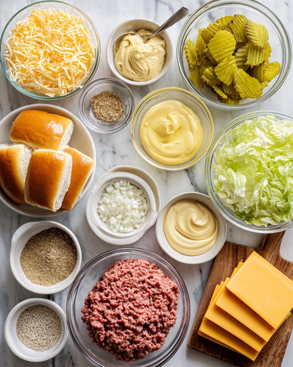 The image shows several clear bowls and small white dishes on a white marbled surface, each holding a cooking ingredient neatly arranged. There are bright yellow Hawaiian rolls in their package to the left, a bowl of crinkled light green pickle chips near the top center, and a bowl of chopped light green lettuce on the right. In the middle, there is a dish holding bright yellow melted butter, a dish with smooth pale yellow mayonnaise, and another with rich yellow mustard. Other small white dishes contain finely chopped white onion, sesame seeds, white vinegar, and a mix of white and dark seasonings like garlic powder, pepper, and salt. Ground beef sits in a larger clear bowl, showing a fresh pinkish-red texture, and several slices of light yellow American cheese rest stacked on a small wooden board. All items are neatly labeled. photo taken with an iphone --ar 4:5 --v 7