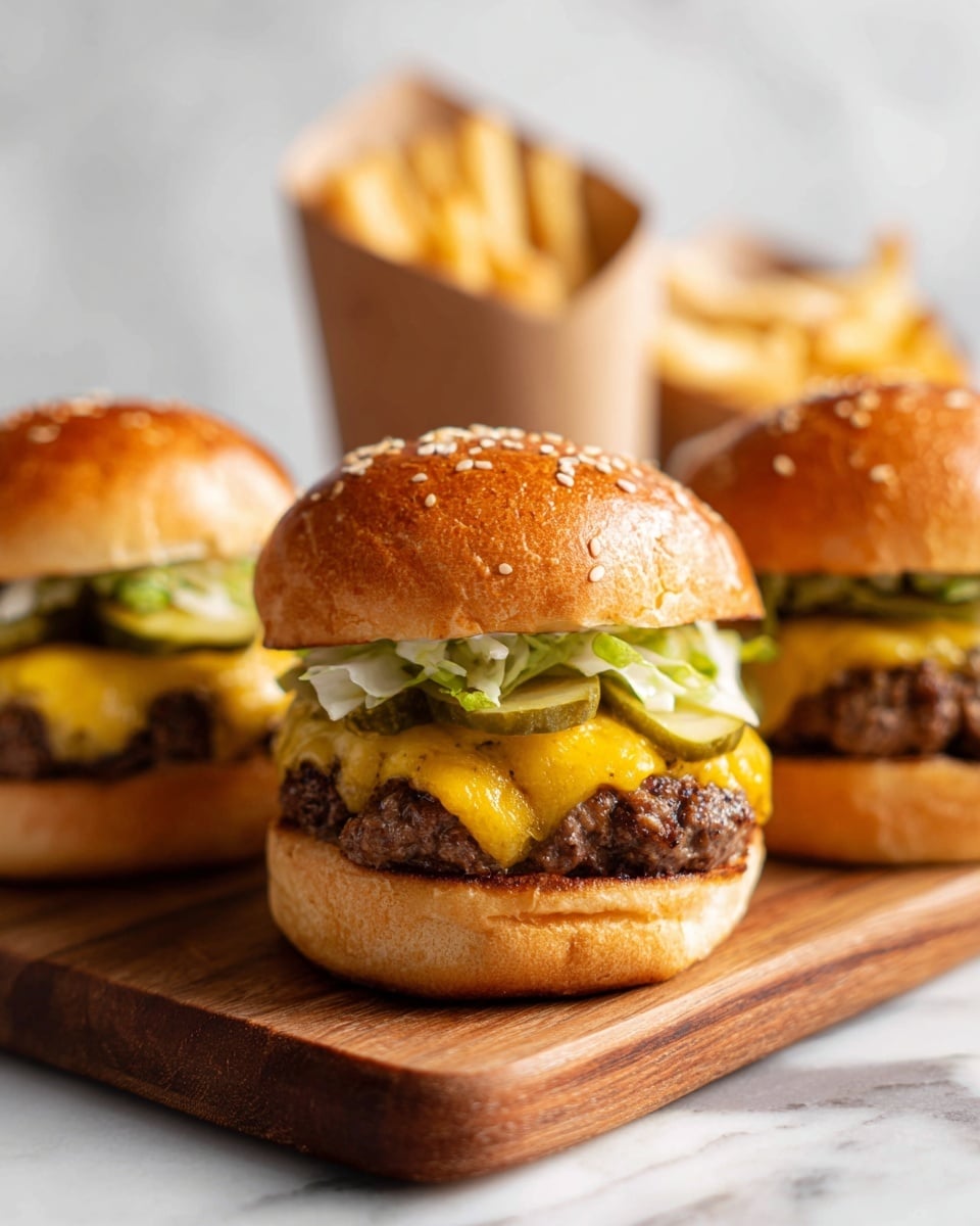 The image shows three mini cheeseburgers placed closely side by side on a wooden board, each burger sliced in half to show layers inside. Each cheeseburger has a layer of shiny, golden sesame seed-topped bun on top, followed by light green shredded lettuce, thin slices of pickle, melted bright yellow cheese layered on a textured, cooked ground beef patty. Below the patty is another layer of melted cheese, and the bottom is a soft golden bun. In the blurred background, there are portions of golden French fries in a brown paper cup. The scene is set on a white marbled surface with a bright, clean light. Photo taken with an iphone --ar 4:5 --v 7