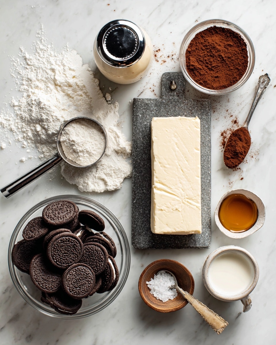 A top-down view shows all the ingredients arranged on a white marbled surface: a glass bowl filled with 20 dark brown Oreo cookies at the bottom center, a metal scoop near the left side holding white powdered sugar with some spilled around it, and above it a glass jar of Baileys Irish Cream with a shiny black cap. To the right, a rectangular slate board holds a large block of creamy, white cream cheese and a small silver cup filled with brown cocoa powder. Nearby, a small wooden bowl with white sea salt and a tiny wooden spoon rests at the bottom right. Above is a small glass cup filled with clear whipping cream and a white bowl with amber vanilla extract and a silver spoon.t. photo taken with an iphone --ar 4:5 --v 7