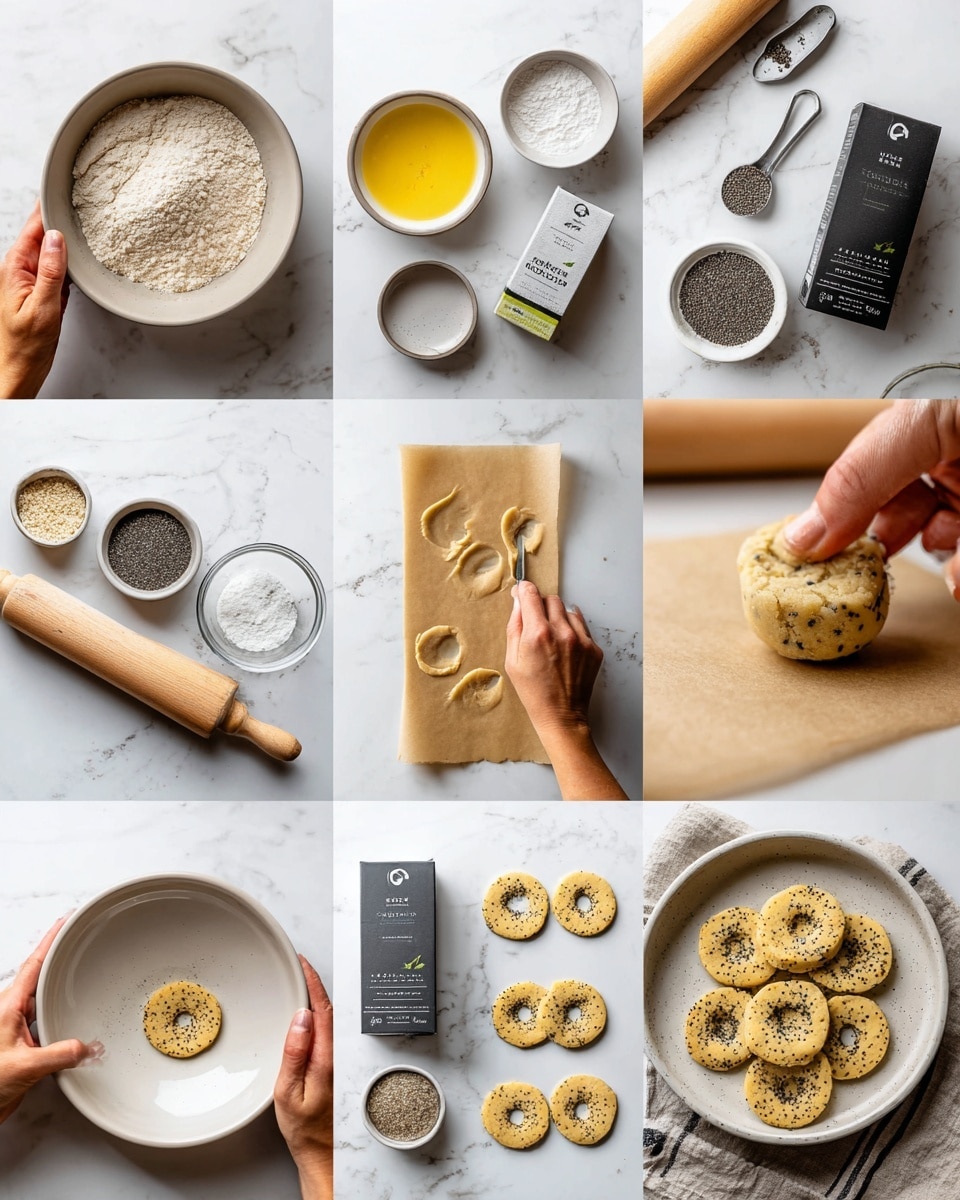 The image shows a step-by-step process of making round seeded cookies. In the first step, a white bowl contains dry ingredients in three groups: light beige flour, black chia seeds, and white powder. Surrounding the bowl are a small bowl of beaten egg, a box of baking powder, a black teaspoon with chia seeds, and a flour packet. The next step shows dough rolled out thin between two sheets of parchment paper on a white marbled surface, with a rolling pin resting nearby. Then, the top sheet of parchment is being lifted with a woman's hand, showing the speckled dough below. In the following step, the dough is flattened on the parchment with circular shapes cut out using a glass. The glass and cut dough circles appear on the white marbled surface, along with the baking powder box and spoon with chia seeds. Next, the cut-out dough pieces are gathered into a dough ball in a clean white bowl, indicating the mixture stage. Finally, nine round, baked cookies with visible chia seeds are arranged neatly on white parchment paper on the white marbled surface, with extra cookies stacked inside a white bowl nearby. A black teaspoon and the baking powder box stay at the side. photo taken with an iphone --ar 4:5 --v 7