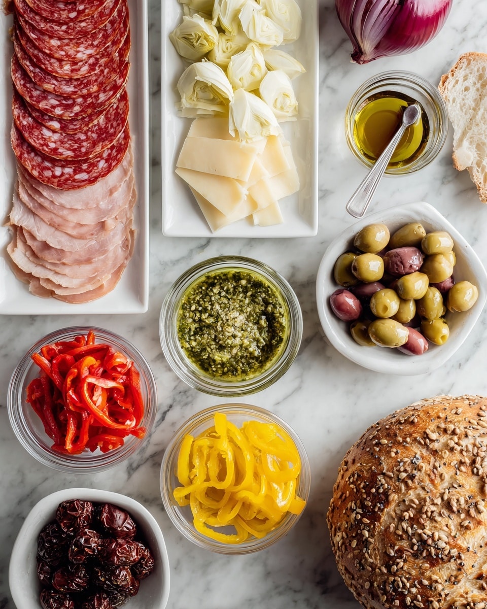 The image shows a white rectangular plate at the top with three layers of thinly sliced deli meats and cheese: reddish salami on the left, white provolone cheese slices in the middle, and light beige turkey slices on the right. Below it, there is a white marbled surface holding several clear glass bowls and small white bowls with different ingredients. Starting from left to right, there is a bowl of pale yellow artichoke hearts, a bowl of bright green pesto sauce, a bowl of vibrant roasted red pepper pieces, a bowl with yellow hot banana pepper rings, and a small bowl with dark red wine vinegar and a silver spoon. Below these, a small white bowl contains dark red sundried tomatoes, a white bowl with green olives covered in herbs, and a half of a red onion with visible rings. On the right side is a whole round loaf of Italian bread topped with sunflower seeds. The overall presentation is clean with the items neatly placed on the white marbled surface, and a woman's hand slightly visible. Photo taken with an iphone --ar 4:5 --v 7