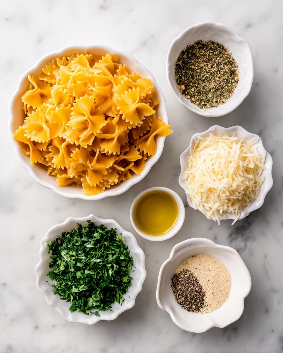 The image shows six small white bowls placed on a white marbled surface, each containing a different cooking ingredient. The largest bowl, at the top left, is filled with bright orange-yellow bow tie pasta, with multiple layered shapes filling the bowl fully. Below it, there is a small white bowl with golden olive oil, smooth and shiny. To the right is a white scalloped bowl filled with a heap of finely grated pale yellow parmesan cheese. Above it and slightly to the right is a white bowl with finely ground Italian seasoning, showing a mix of green and brown dried herbs. To the right and slightly below is a smaller white bowl filled with light tan garlic powder, finely textured. On the bottom right is a bowl with a mixture of coarsely ground black pepper in black and white specks. Lastly, near the bottom left is a bowl with fresh chopped green parsley, with small leafy pieces that are bright green. All bowls are white with colorful, distinct ingredients inside, arranged in a loose cluster on the clean marbled surface. photo taken with an iphone --ar 4:5 --v 7