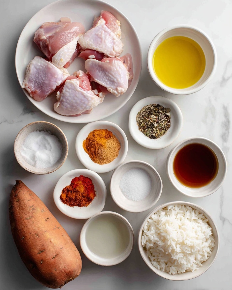 The image shows an overhead view of several white dishes and a sweet potato arranged on a white marbled surface. In the top left, there is a white plate with raw chicken thighs showing pink flesh and white fat. To the right of that is a small white bowl with bright yellow olive oil. Below it, there is another white bowl containing three types of spices in red, light brown, and beige colors. Below the spices is a white bowl with black pepper and white salt. Moving left, there is a whole orange-brown sweet potato. Below the plate with chicken thighs, there is a small white bowl filled with clear rice wine vinegar, and below it another small white bowl of white sugar. To the right is a white bowl containing sliced cucumbers, showing light green centers with darker green edges. At the bottom right of the image, a white bowl is filled with fluffy white rice. At the bottom left is a small white bowl with dark amber-colored hot honey. photo taken with an iphone --ar 4:5 --v 7