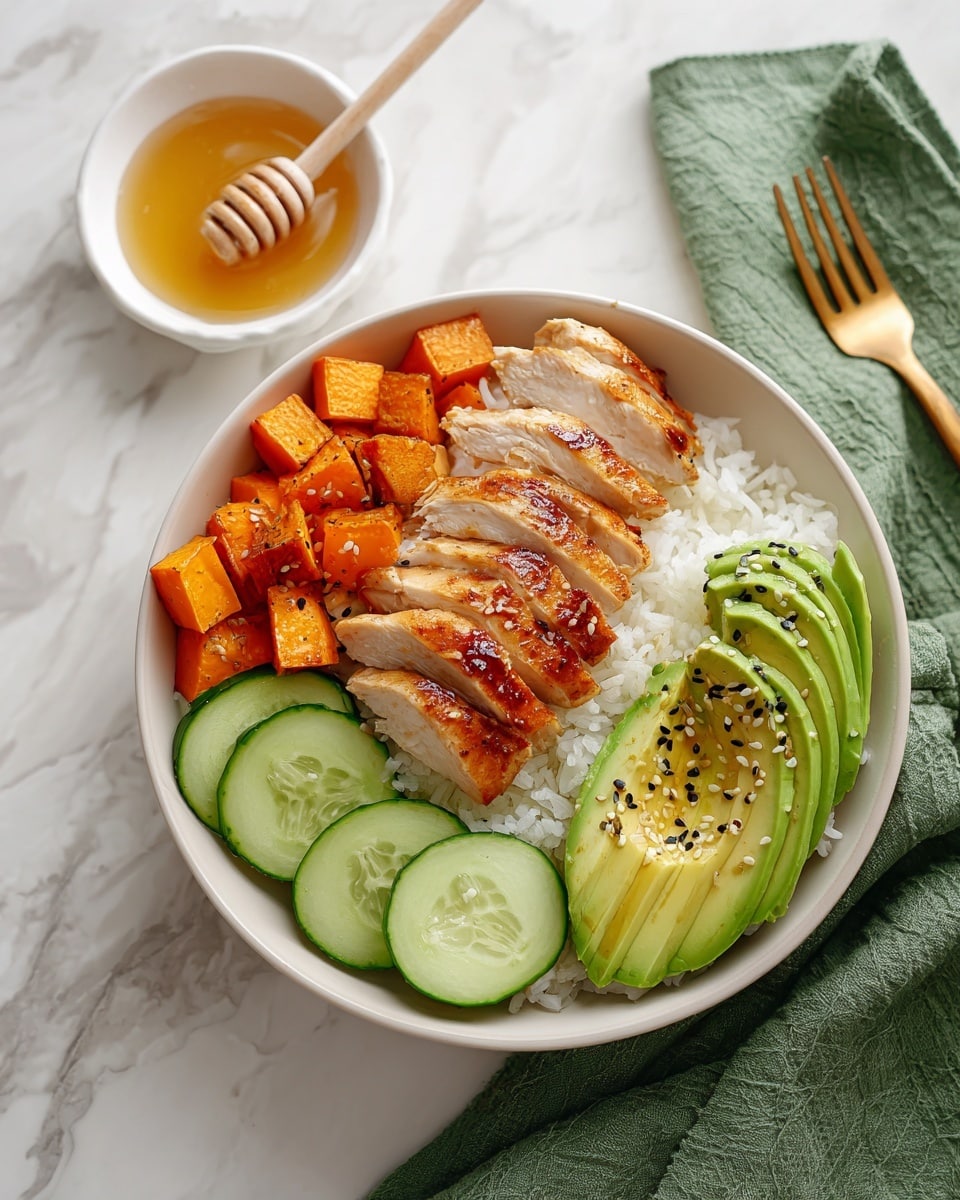 The dish is presented in a white bowl placed on a white marbled surface, featuring four main layers. The bottom layer is fluffy white rice covering the base of the bowl. On top of the rice, there are bright orange roasted cubes of sweet potato arranged mainly on the left and bottom edges. In the center, several slices of golden-brown grilled chicken are laid neatly side by side, showing a juicy inside with a slight char on the edges. On the right side, there is a fan of sliced avocado with a smooth green texture sprinkled with black and white sesame seeds. Below the chicken, several fresh cucumber slices with a light green color and a crinkled edge are placed. A gold fork rests beside the bowl on a green cloth napkin. Nearby, there is a small white bowl filled with a golden honey-like liquid and a wooden honey dipper inside. photo taken with an iphone --ar 4:5 --v 7