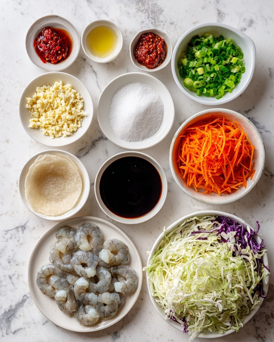 The image shows various ingredients neatly arranged on a white marbled surface, each in a small white bowl or plate, labeled clearly. In the center, there is a round, thin, translucent rice paper wrap. Around it, there are bowls with finely chopped garlic (yellowish-beige texture), white rice vinegar, granulated white sugar, dark brown soy sauce, chopped green onions with vibrant green hues, thin shredded orange carrots, and a light golden sesame oil. Below them, a white plate holds several raw, greyish-white shrimp with a slight shine. To the right, a larger bowl is filled with mixed shredded cabbage in white and purple colors. There are also ginger paste and bright red chili oil in small white bowls. The clean and organized arrangement emphasizes the fresh and colorful components. Photo taken with an iphone --ar 4:5 --v 7
