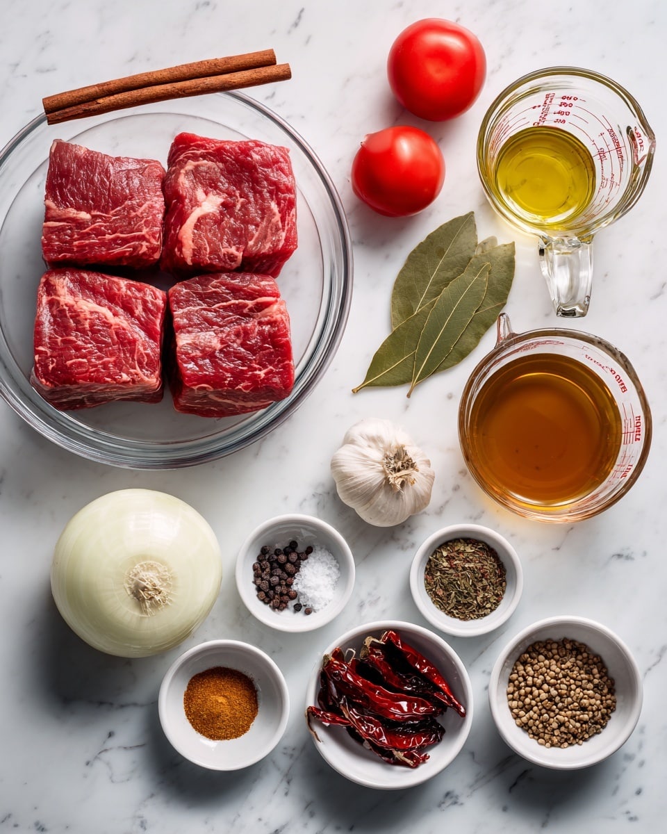 This image shows various cooking ingredients neatly placed on a white marbled surface. There is a clear glass bowl on the lower left filled with four large pieces of red beef chuck roast showing marbled fat. Two red tomatoes sit above the beef near the top left corner. Above the tomatoes is a brown cinnamon stick. Next to the cinnamon stick, just to the right, is a small white bowl containing three green bay leaves. To the right of the bay leaves is a small clear glass bowl holding a small amount of yellow oil. Along the top right is a transparent measuring cup filled with clear vinegar, and below that is a halved white onion on the white marbled surface. To the right of the onion is a small white bowl with four cloves of garlic. Near the center, there is a small white bowl with black and white salt and pepper, and below that is another white bowl with mixed brown and yellow spices. To the right of the spices is a small white bowl with a few whole black peppercorns. On the lower right is a clear glass bowl filled with dried dark red and black chiles and a few small red chili peppers on top. On the bottom center is a clear glass measuring cup filled with brown broth. All the items are spaced evenly, with labels above each ingredient on black rectangular tags. The photo is taken with an iphone --ar 4:5 --v 7