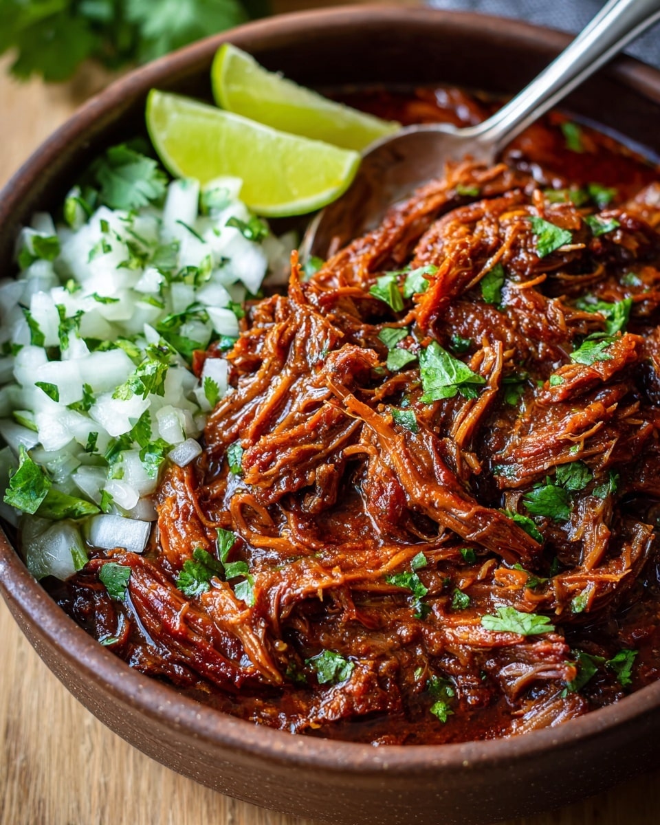 A close-up of a brown bowl filled with dark reddish-brown shredded meat stew with a glossy texture. On the right side, there are layers of chopped white onions mixed with green cilantro leaves. On the left side, two small lime wedges with a light green color rest on the stew. A silver spoon peeks from the bottom right corner inside the bowl. The bowl is placed on a light wooden surface. Photo taken with an iphone --ar 4:5 --v 7