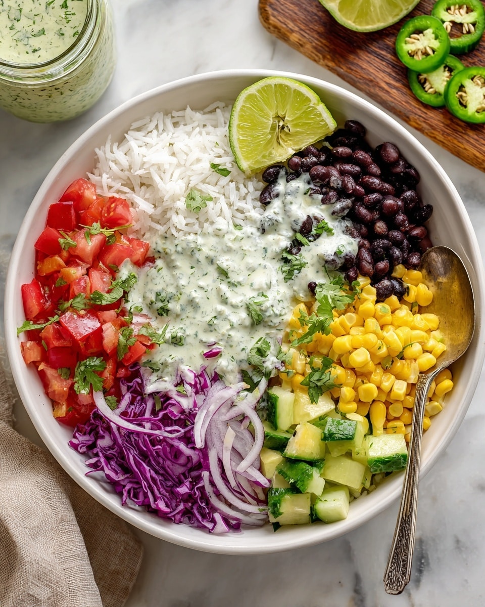 A white bowl filled with a colorful layered salad starting at the base with white rice scattered unevenly, topped with black beans and mixed diced vegetables including red tomatoes, green cucumbers, and yellow corn. To one side, there is shredded purple cabbage, and on the other, thinly sliced red onion mixed with cilantro leaves. There are slices of green avocado and a quarter of lime placed on the edge of the bowl. The salad is drizzled with a creamy white sauce flecked with green herbs. A silver spoon rests inside the bowl. The bowl sits on a white marbled surface, with a jar of green herb sauce nearby and a wooden board with sliced jalapeño, red onion, and lime wedges in the background. Photo taken with an iphone --ar 4:5 --v 7