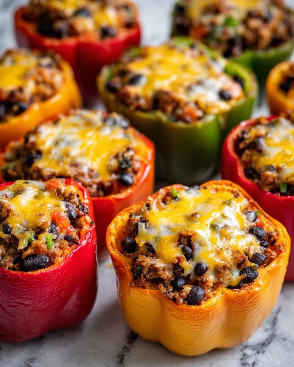 The image shows multiple stuffed bell peppers arranged closely on a white marbled surface, each pepper halved and hollowed out to hold a filling. The peppers include red, yellow, orange, and green varieties giving a colorful look. Each halved pepper has a base layer of ground meat mixed with black beans and diced vegetables, topped with melted yellow and white cheese that is slightly browned and bubbly, covering the filling unevenly and spilling over the edges in some parts. The texture of the melted cheese looks soft and slightly stretchy, sitting on the chunky, textured filling made of small meat crumbles, beans, and finely chopped vegetables with visible colors of black, red, and brown. The peppers have a glossy, slightly wrinkled skin indicating they are cooked but still firm. photo taken with an iphone --ar 4:5 --v 7