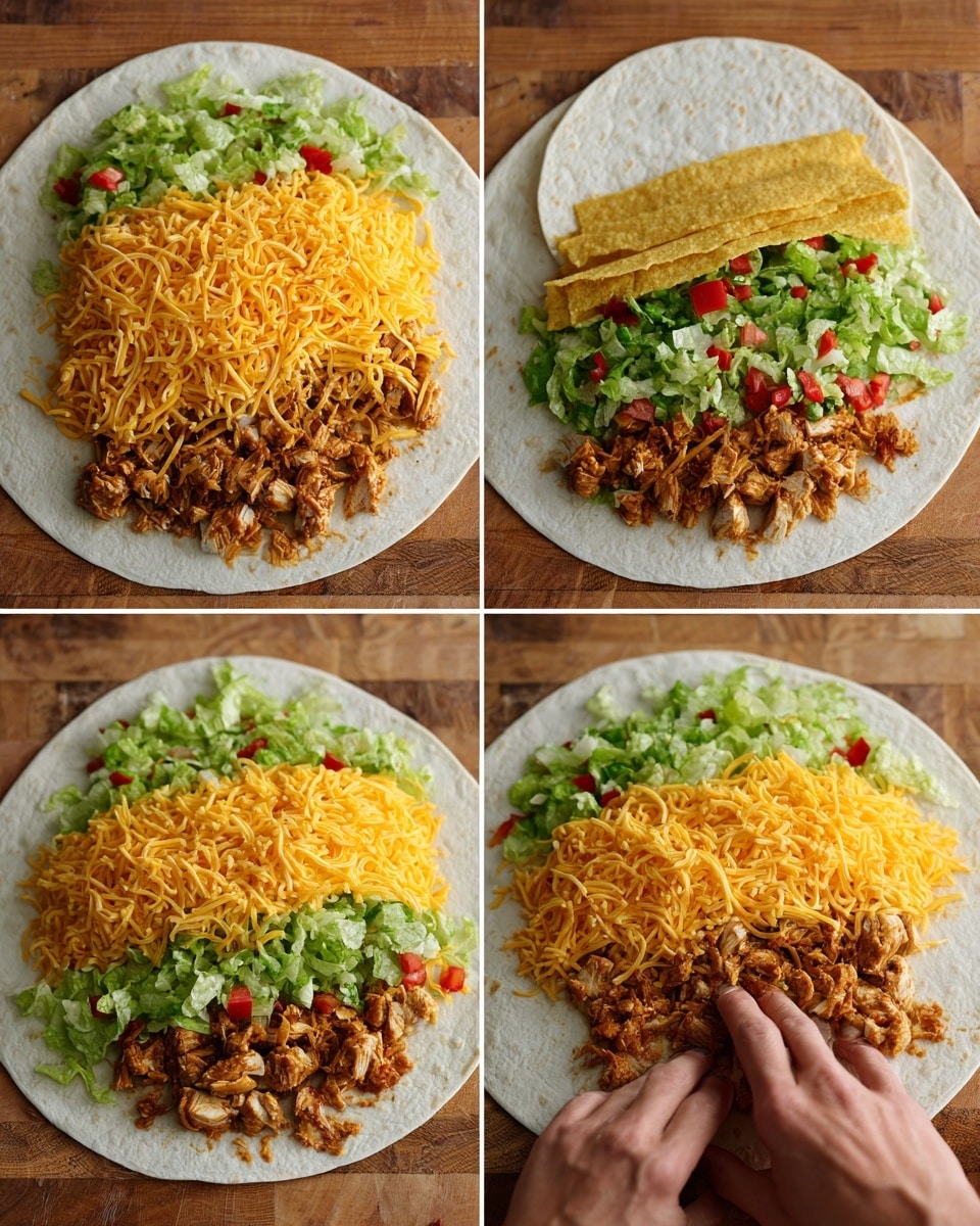 The image shows four steps of making a layered wrap on a large white tortilla placed on a wooden surface. The first layer is shredded orange cheddar cheese spread on the tortilla. On top of the cheese, there are pieces of cooked brown chicken. The next layer is two yellow crunchy taco shells placed side by side on the cheese and chicken. After that, chopped green lettuce and small diced red tomatoes are added over the taco shells. In the last step, a smaller white tortilla is placed on top of all the layers, and a woman's hand is pressing down on it to hold everything together. The white marbled surface is visible near the edges. photo taken with an iphone --ar 4:5 --v 7