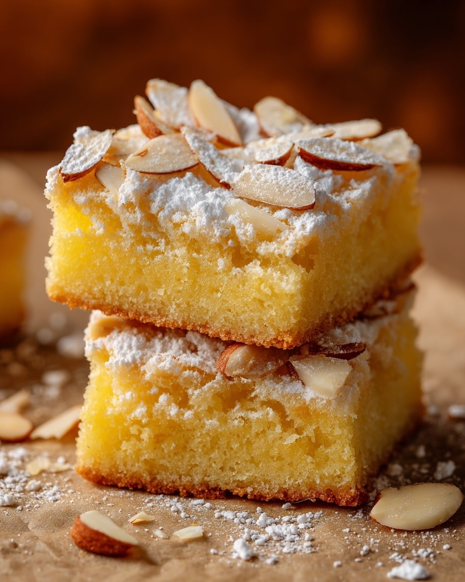 The image shows a stack of two square-shaped yellow cakes with a soft, crumbly texture. Each cake has a thin top layer decorated with almond slices that are light brown and slightly toasted, lightly dusted with white powdered sugar. The cakes are placed on a light brown surface with some extra crumbs and pieces around. The background is blurred with warm brown tones. photo taken with an iphone --ar 4:5 --v 7