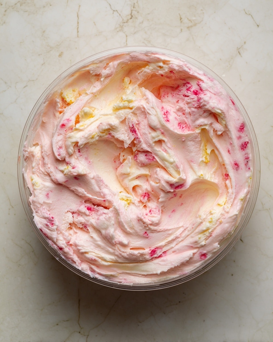 The image shows a close-up of a creamy mixture in a clear bowl. The mixture has a light pink color with swirls and small chunks of red and yellow throughout. The texture looks soft and smooth with some uneven parts showing where it has been stirred, creating ridges and folds on the surface. The bowl sits on a white marbled textured surface. photo taken with an iphone --ar 4:5 --v 7