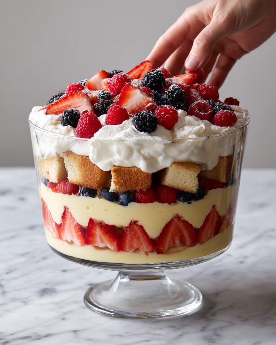 The dish is a tall, clear glass trifle bowl filled with five visible layers. The bottom layer is made of sliced strawberries pressed against the glass, showing their bright red color and seeds. Above that is a pale yellow creamy custard layer that looks smooth and thick. The third layer has light brown cake cubes with a soft texture, partially covered by dollops of white whipped cream. The fourth layer repeats the yellow custard again, topped with more sliced strawberries. The trifle is finished with a thick top layer of whipped cream fully covered with a mix of fresh raspberries, blackberries, and blueberries, all bright and juicy. The bowl is placed on a white marbled surface, and a woman's hand is gently touching the side of the bowl. photo taken with an iphone --ar 4:5 --v 7